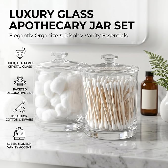 ForPro Clear Acrylic Apothecary Jars with Lids, Set of 2 Shatterproof Qtip Holder & Cotton Ball Container, 15 Oz Bathroom Vanity Organizer Canister for Kitchen & Office Decor, 4.5" x 3.5"