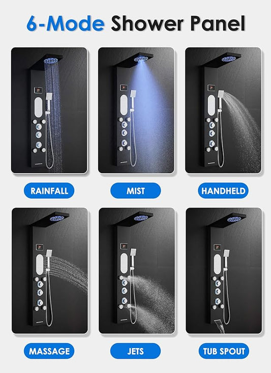 ROVOGO LED Shower Panel Tower System with Mist Rainfall Shower Head, Body Jets, Handheld and Tub Spout, No Battery Led Lights and Digital Display, Simultaneous Shower Column Stainless Steel, Black