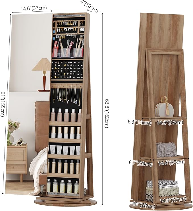 LVSOMT Standing Jewelry Cabinet with Sliding Full Length Mirror, Wood | 360° Swivel Mirror with Jewelry Storage, Lockable Jewelry Armoire Organizer with 3 Rear Shelves for Bedroom, Gift for Women