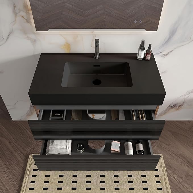 36 Inch Bathroom Vanity with Black Sink, Floating Bathroom Cabinet with 2 Soft-Closing Drawers, Large Storage for Powder Room, Apartment, Hotel, Walnut+Black, Fir Collection