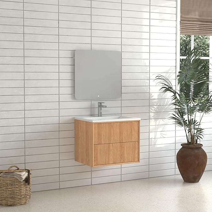 Floating Bathroom Vanity with Sink, Nature Soild Wood Cabinet with Ceramic Basin, Extra Large Storage Drawer & Pre-Assembled Vanities for Bathroom, Powder Room (Nature B Style, 24")