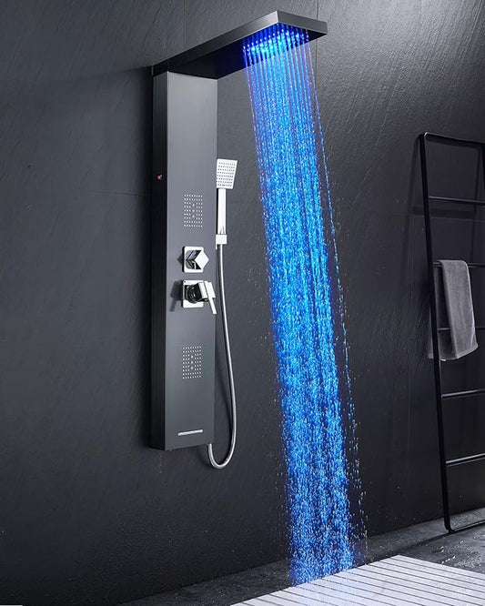 5-in-1 LED Shower Panel Tower System Stainless Steel Black | LED waterfall + rainfall | 2-in-1 body jets | Handheld shower | Bathtub filler | Wall mount