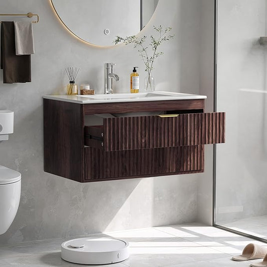 30 Inch Floating Bathroom Vanity Without Sink, Bathroom Wall Cabinet with 2 Fluted Drawers & Metal Handle, Wall Mounted Cabinet for Bathrooms (Brown, 30 inch, Without Sink)