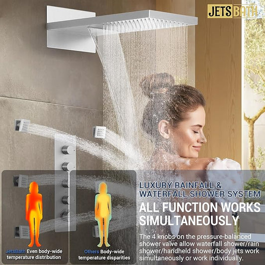 Luxury Thermostatic Rain & Waterfall Shower System with 22” Rain Shower Head & 6 Body Jets, Wall Mounted Shower Faucet Sets with Handheld Sprayer, 3/4” Inlet Thermostatic Valve