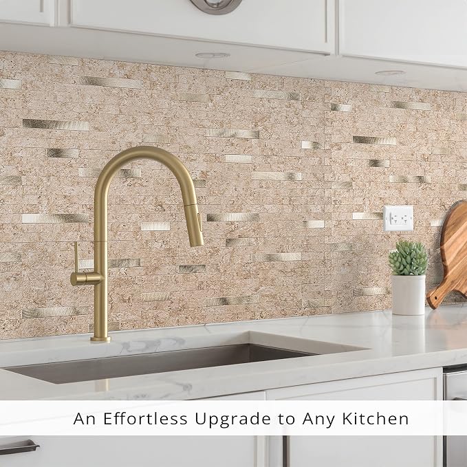 StyloVue 20 Sheets Peel and Stick Backsplash for Kitchen, 2026 Upgraded Classic Travertine Beige with Gold Metal Accents, Stick on Tile for Kitchen Backsplash, RV, Fireplace