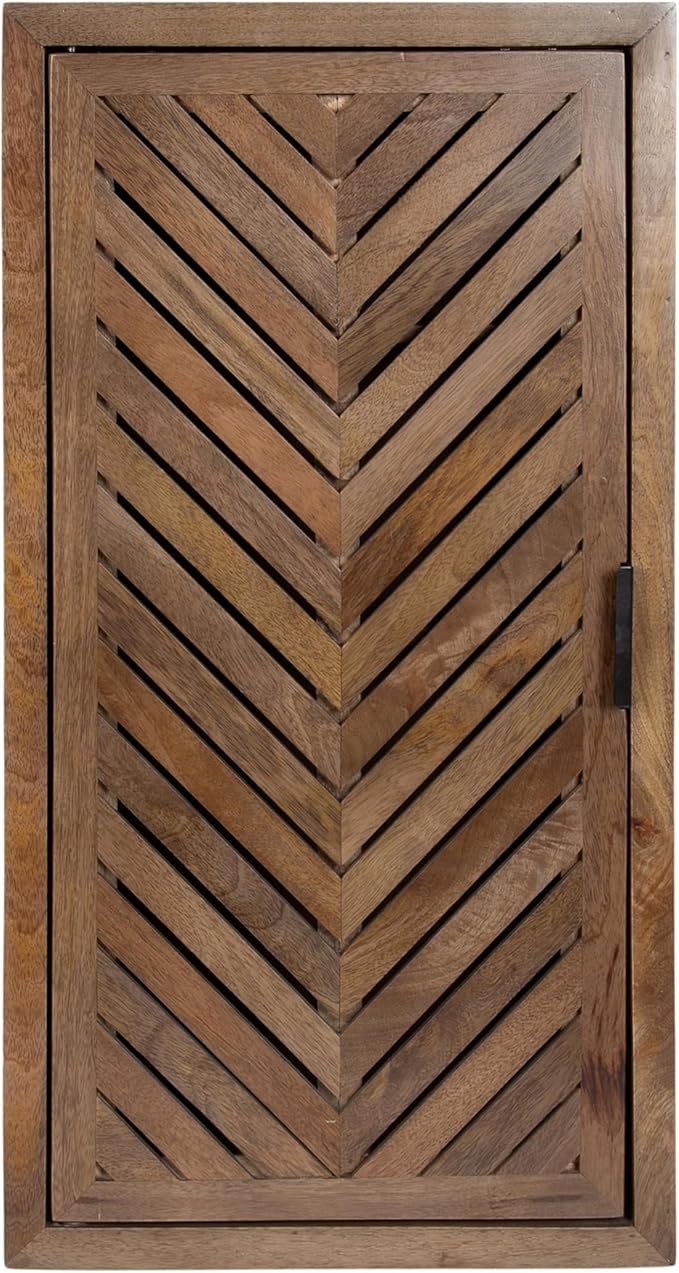 Kate and Laurel Mezzeta Decorative Modern One-Door Floating Bathroom Cabinet, 15 x 7 x 28, Brown, Decorative Over Toilet Storage Cabinet Made from Solid Mango Wood with Slatted Chevron Design