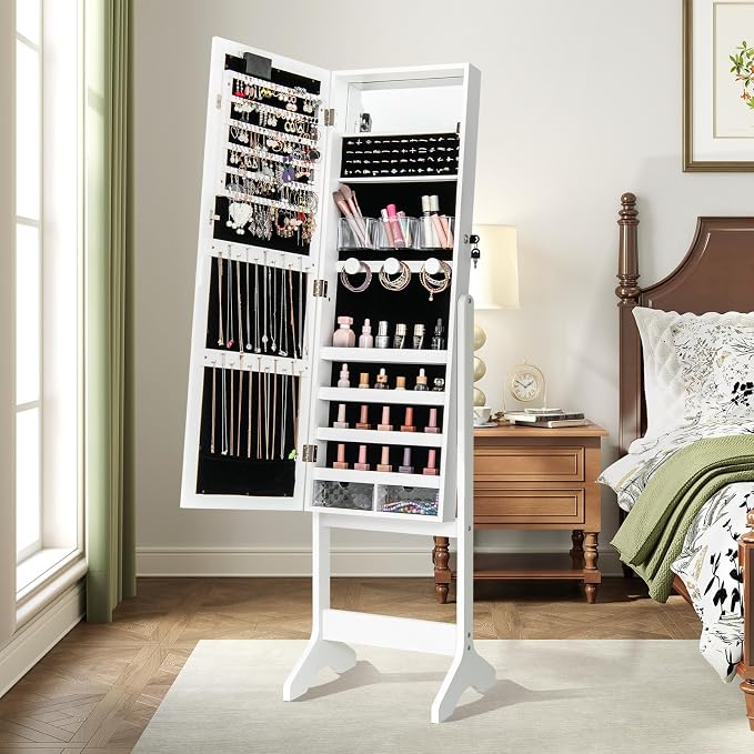 GOFLAME Jewelry Armoire Cabinet Standing, Lockable Full Length Mirror with Storage Shelves and 2 Drawers, Adjustable Tilt Angles, Stand Up Jewelry Box with Lighted Mirror (White)