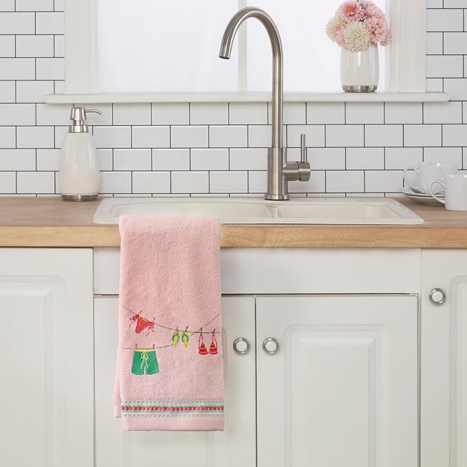 SKL Home Summer Clothesline Hand Towel Set-2pc, 100% Cotton, Blush | Decorative, embroidered velour. For use in the bathroom, kitchen or bar & makes a fun gift.