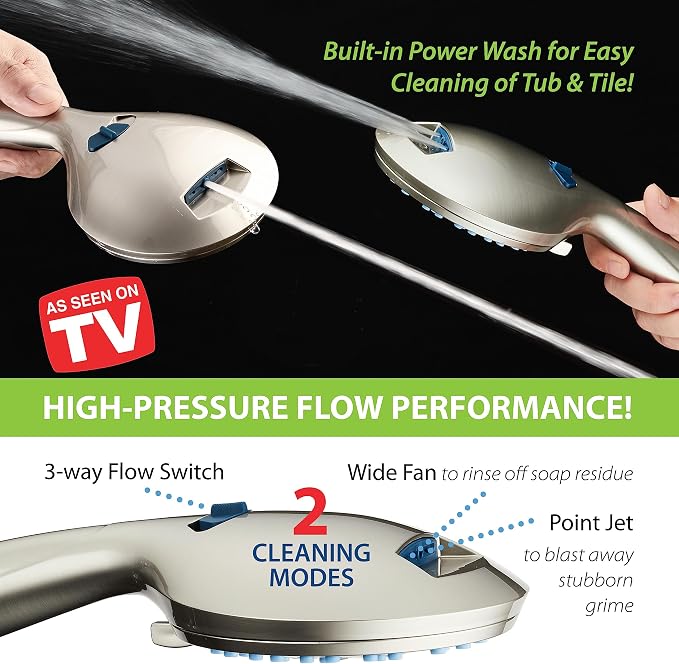AquaCare 48-mode High Pressure 3-way Shower Head Combo w/ 2-mode Power Wash | Pure Clean Jets, Dual Handheld Power Wash for Tub, Tile & Pets, Long 6 ft. Stainless Steel Hose, Extra Wall Bracket / Nickel