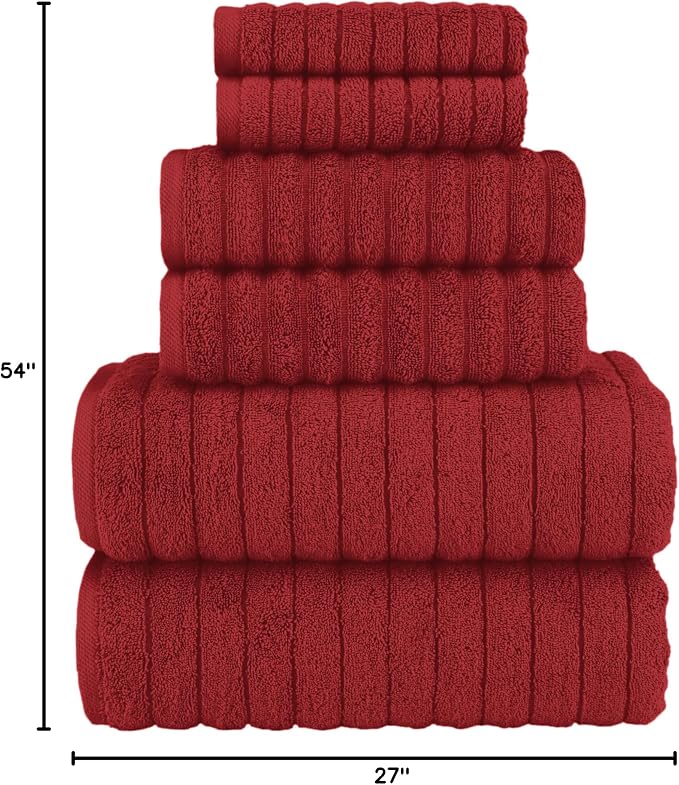 Elegant Comfort 100% Turkish Cotton Corduroy Ribbed Luxury Bath Towels 6-Piece Set, Premium Feel - Quick Dry, Highly Absorbent, Contains 2 Bath Towels, 2 Hand Towels, and 2 Washcloths, Burgundy
