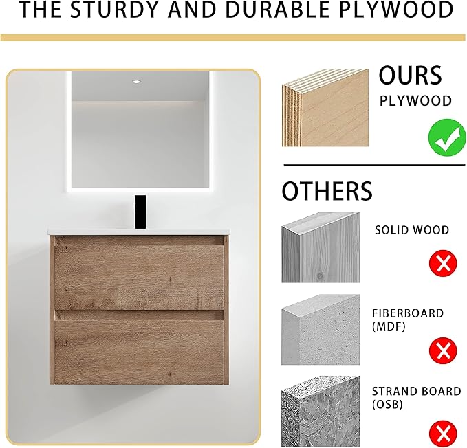 Malwee 24" Floating Bathroom Vanity with Sink, 24 Inch Single Sink Wall Mounted Bathroom Vanity Combo, with 2 Drawers and White Ceramic Basin Top, Bath Wall-Hung Cabinet Set with Storage MA05124IMO-2