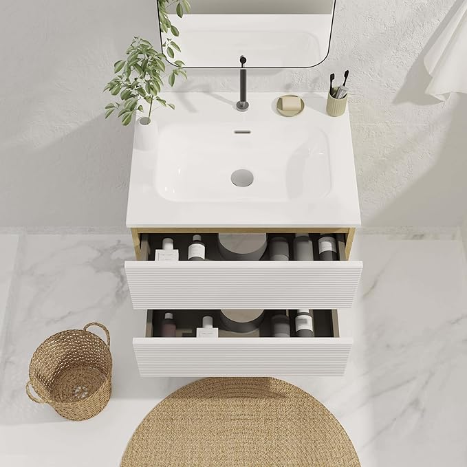 24'' Floating Bathroom with Sink Combo, Modern Bathroom Cabinet with 2-Soft Close & Large Storage Drawers, for Small Space, Apartment, Hotel, White and Natural (Already Assembled)