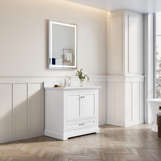 WELLFOR 36" Bathroom Vanity with Sink, Bathroom Freestanding Vanity W/ 2 Soft-Close Doors and 1 Soft-Close Drawers, Bathroom Cabinet Vanity with Engineered Stone Countertop, White