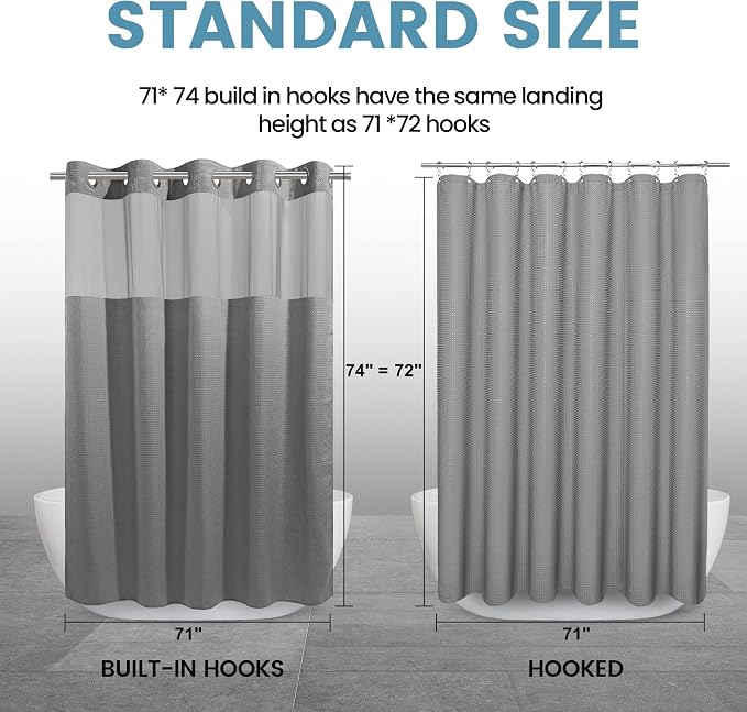 EUTXL 256GSM Heavyweight No Hook Waffle Shower Curtain, Grey, 71x74 | with Snap in Liner, Heavy Duty, Hotel Luxury Spa, Waterproof Fabric, Corner Magnets, 3 in 1 Set, Washable, Hang in Seconds