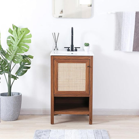 JONATHAN Y VAN1022B Jasper 20 in. W x 18 in. D x 33 in. H Rattan Modern Coastal 2-Shelf Bathroom Vanity Cabinet Only with Soft Closing Doors (Sink Basin Not Included), Walnut