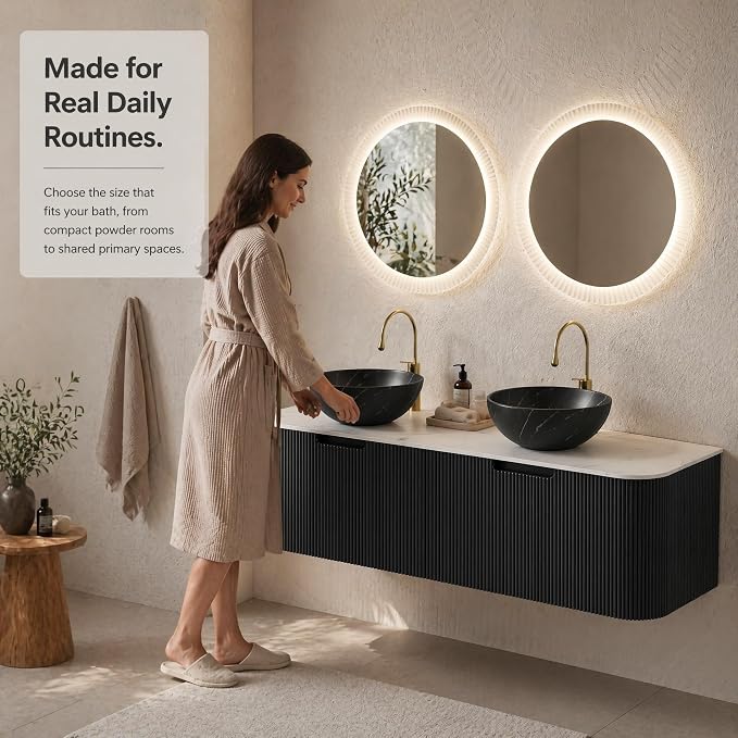 60 Inch Double Sink Bathroom Vanity, Floating Wall Mounted Cabinet, Black Curved Fluted Front, Stone Top, Dual Black Marble Vessel Basins, Pre-Assembled