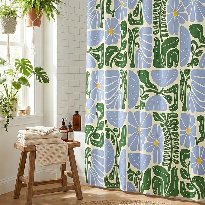 Abstract Geometric Floral Shower Curtain, Cute Blue and Green Boho Floral Pattern, Waterproof Polyester Fabric Shower Curtains Sets with Hooks for Bathroom 72x72 Inches