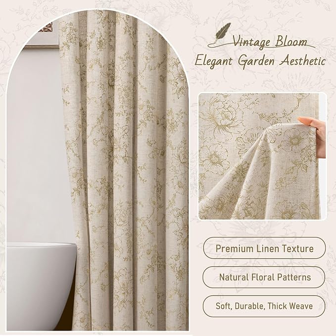 Farmhouse Floral Linen Shower Curtain, Vintage Beige Pattern Rustic Shower Curtains for Bathroom, Tan Taupe,72x96