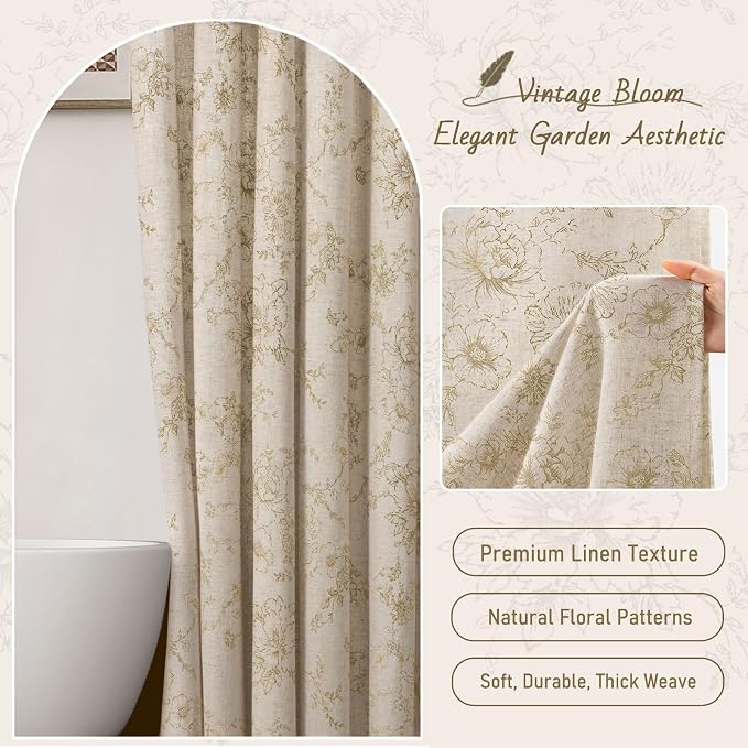 Farmhouse Floral Linen Shower Curtain, Vintage Beige Pattern Rustic Shower Curtains for Bathroom, Tan Taupe,72x90