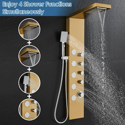 ROVOGO Gold Shower Panel Tower System - 4 Shower Modes Simultaneous Use | Rainfall Waterfall Shower Head, 5 Body Jets & 3-Setting Handheld, Stainless Steel Shower Column With Brass Valves, 46.5"