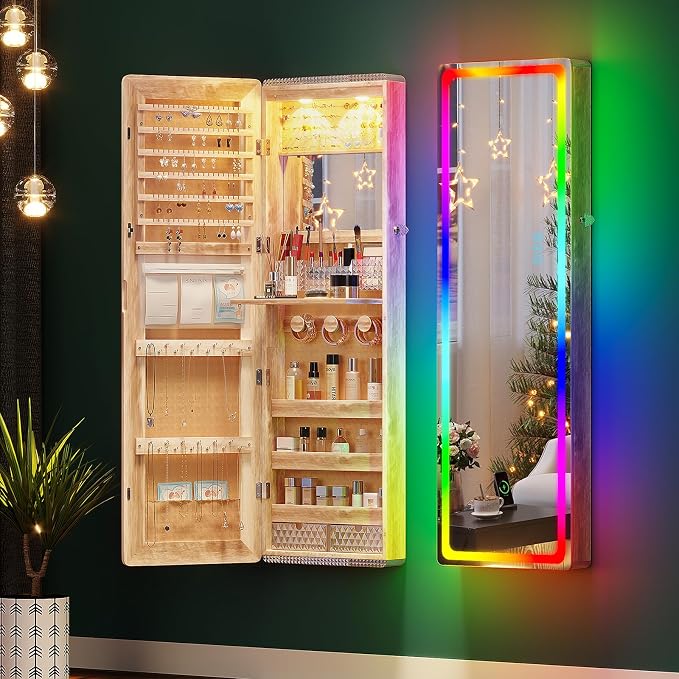 HNEBC Full Length Mirror with Storage, Wall Mounted Jewelry Cabinet with RGB Lights & Remote, Lockable Over Door Jewelry Organizer with Drawer, Foldout Makeup Tray 47.2" Hx14.5 Wx3.9 D, Natural