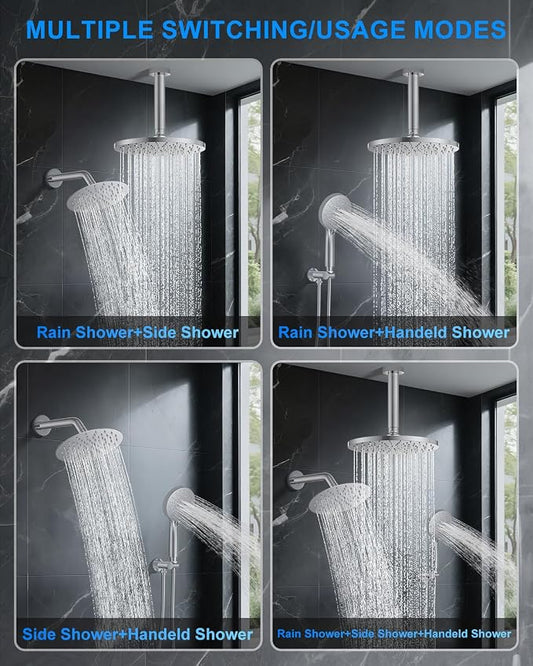 Shower System with Pressure Balance Valve, 10" Ceiling Mount Shower Faucet Set with 2 Rain Shower Head And Multi-function Handheld Head Push Button Diverter Pressure Balancing Valve Kit, Chrome