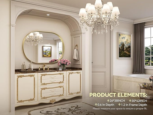 Brightify Gold Oval Mirror for Wall 30x42 Inch, Metal Framed Bathroom Vanity Mirrors, Modern Pill Shaped Mirror for Bedroom Living Room Wall Decorative Hang Vertical and Horizontal