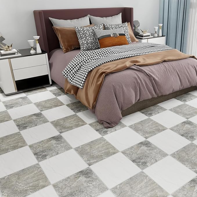 Lareko 60Sq.Ft Marble Peel and Stick Vinyl Floor Tiles,60 Tiles - 12" x 12",Waterfproof and Self Adhesive Vinyl Sticker Tiles,Laminate Flooring for for Kichen, Bathroom,Dining Room (WhiteX Grey