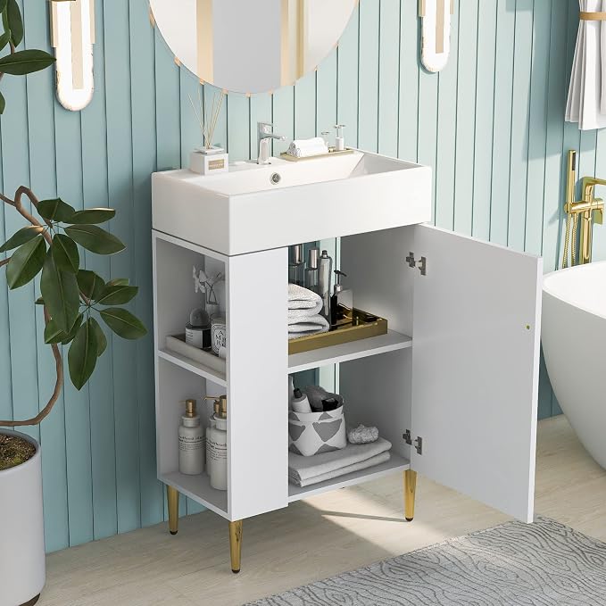 Merax 21.6 Inch Bathroom Vanity with Top Sink, Modern Small Bathroom Storage Cabinet with Left Side Storage, Solid Wood Frame Single Sink Bath Vanities, White