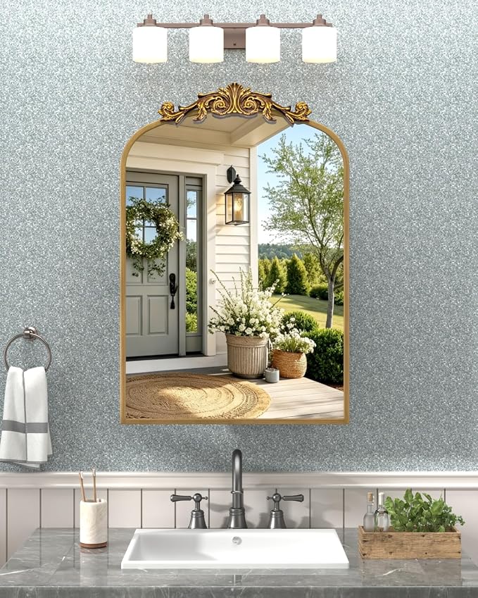 20"x30" Vintage Bathroom Medicine Cabinet with Mirror, Retro Hand-Painted Flower Art Decor, Arched Aluminum Frame Medicine Cabinets Recessed / Wall Mounted, 2 Stable & Removable Shelves, 1 Organizer