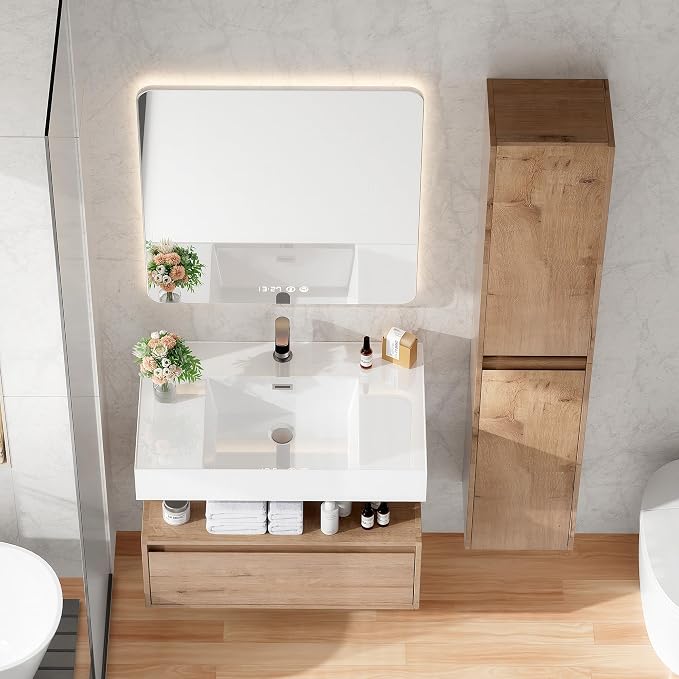 30 Inch Floating Bathroom Vanity with Sink, Modern Wall-Mounted Bathroom Cabinet with Resin Sink & Soft Close Drawer & Side Cabinet, Split-Level Layout (Nature Oak, 30"+2 Side cabinets)