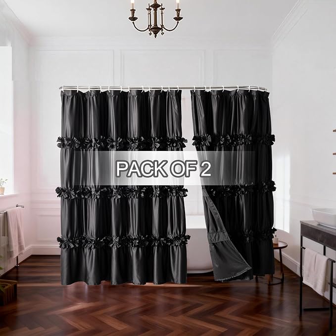 Homechoice Decor 2-Piece Black Satin Shower Curtain, 72x72 Inches (Pair) | Double Panels for Easy Access, Glossy Luxury Fabric, Modern Bathroom Décor, Machine Washable (LQ-44)