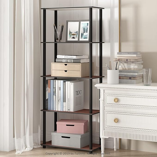 Furinno TURN-N-TUBE Storage Shelves, 5-Tier Book Shelf, Corner Shelf, Toolless Open Shelves, for Organization and Storage, Living Room, Garage, Home Office, Dark Cherry