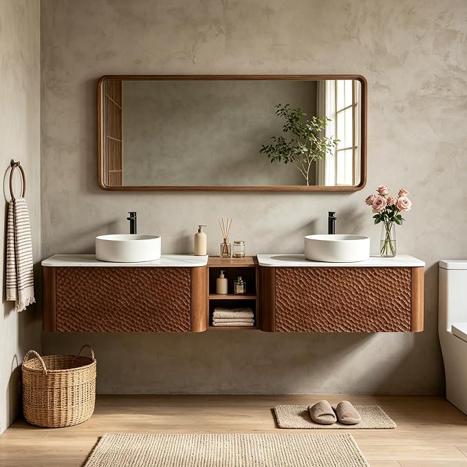 84 Inch Double Vanity with Sink Set, Floating Bathroom Sink Cabinet with Sintered Stone Top&Solid Wood Hammered Frame, Double Bathroom Vanities w/Soft-Close Drawers&1 Side Open Cube