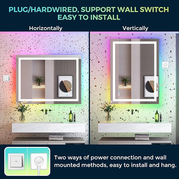 48x36 LED Bathroom Mirror with Lights, RGB Backlit Lighted Mirror | Backlit and Front Light, Anti-Fog, 3 Color Dimmable, Memory, Tempered Glass, IP54 Waterproof, UL Listed