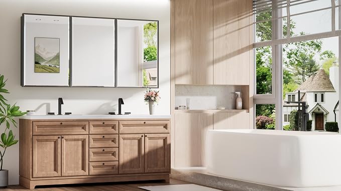 60x30 Recessed Medicine Cabinet with Mirror, Black Medicine Cabinet Mirrored Aluminum Alloy, Wall Mounted Metal Beveled Mirror with Storage for Bathroom Vanity