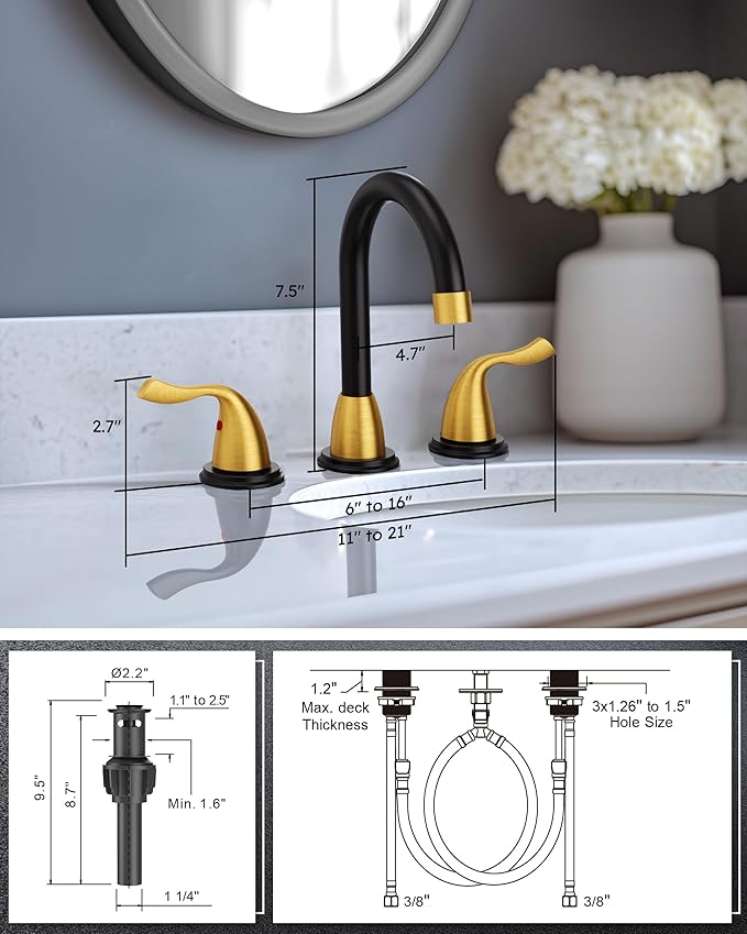 ARCORA Bathroom Sink Faucet 3 Hole - 8 Inch Widespread Bathroom Faucet 2 Handle Vanity Faucet with Pop Up Drain and cUPC Supply Lines, Black and Gold Bathroom Faucet