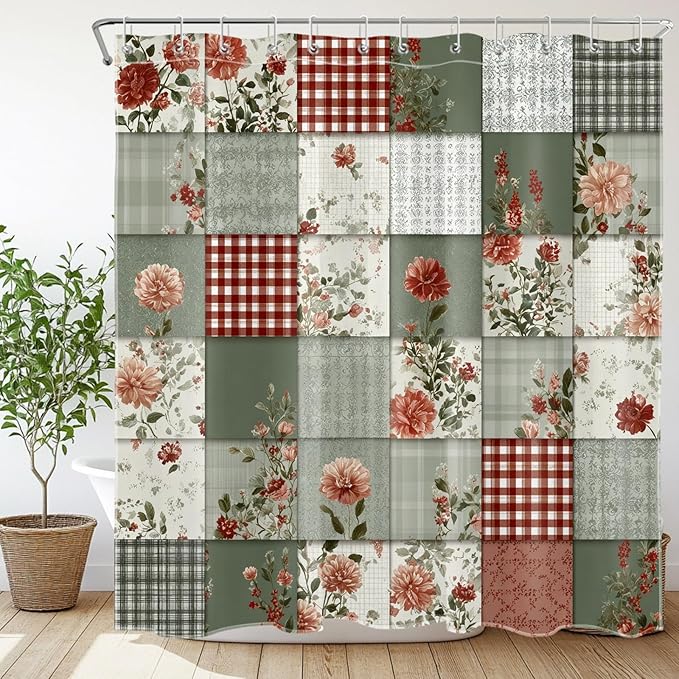 Vintage Boho Patchwork Shower Curtain with Pink Floral and Green Checkered Patterns Rustic Farmhouse Bathroom Decor, 72W X 78L Inch