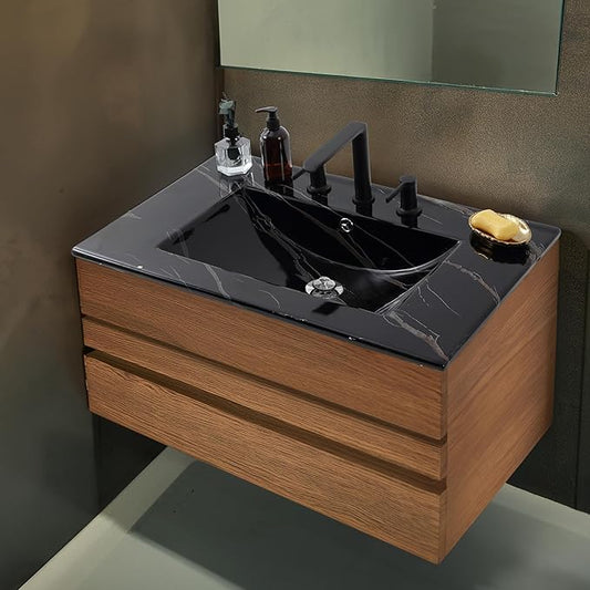 JONATHAN Y Ancillary 30" Bathroom 3-Hole Sink Top, Black Marble Effect | Ceramic Vanity, 18.25" Rectangular Single Basin, Glossy Finish, 8" Centerset Faucet Holes, Overflow Drain, Contemporary Style