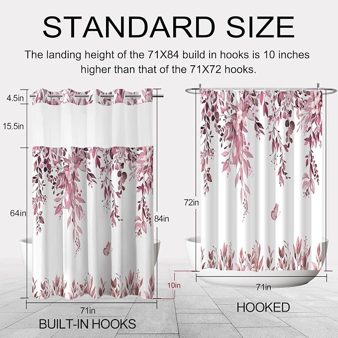 No Hook Shower Curtain and Liner Set, Dark Red Eucalyptus 71x84 | Floral Design, with Snap in Liner, See-Through Top Window, Waterproof, Machine Washable, Quick-Drying, for Hotel Bathroom