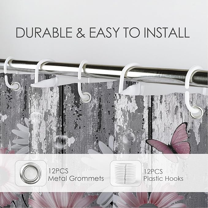 HVEST Pink and Gray Floral Shower Curtain with Hooks, Farmhouse Daisy Flower in Bathtub and Butterfly on Rustic Wood Shower Curtain Set Polyester Fabric Bathroom Decor Accessories, 72L X 72W inches