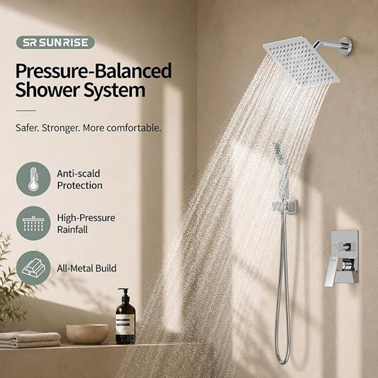 SR SUN RISE Shower System - Shower Faucet Set with 8 Inch Rain Shower Head and Handheld Shower - High Pressure Rain Shower System - All Metal Shower Faucet Trim Repair Kits - Polished Chrome