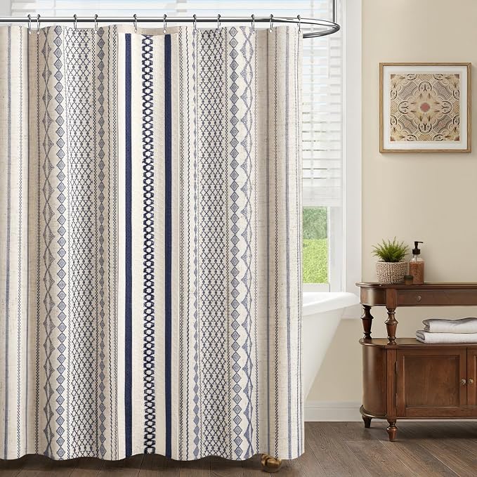 Navy Blue Boho Linen Shower Curtain,72" W x 84" L | Linen Striped Print and Twine-Inspired Woven Center for Bathroom