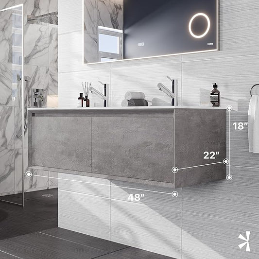 Eviva Aurora 48 in. Concrete Gray Wall Mount Double Sink Bath Vanity with Carrara Quartz Top