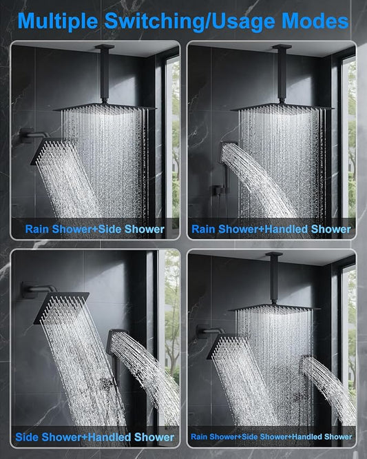 Shower System with Pressure Balance Valve, 12" Ceiling Mount Shower Faucet Set with 2 Rain Shower Head And Multi-function Handheld Head Push Button Diverter Pressure Balancing Valve Kit, Matte Black