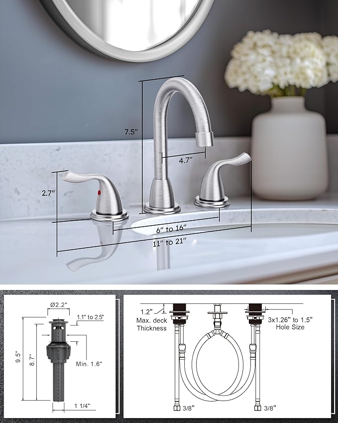 ARCORA Brushed Nickel Bathroom Faucet 3 Hole, Widespread Bathroom Faucet | Lead-Free Vanity Faucet with 360° Swivel Spout, 2 Handles Brushed Nickel Faucet for Bathroom Sink with Drain and Supply Lines