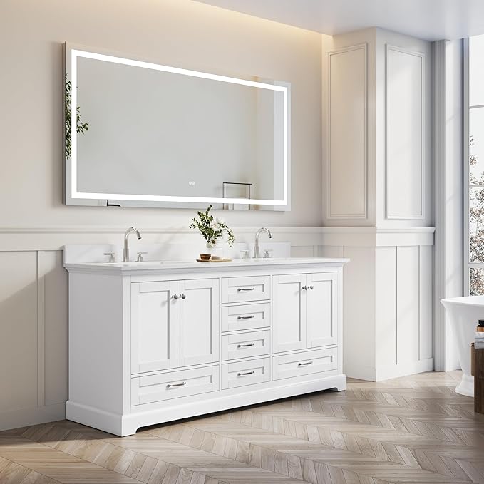 WELLFOR 72 Inch Bathroom Vanity with Double Sinks, Solid Wood Bathroom Vanity W/4 Soft-Close Doors and 6 Drawers, Cultured Marble Countertop Bathroom Vanities W/Two Sinks (White)