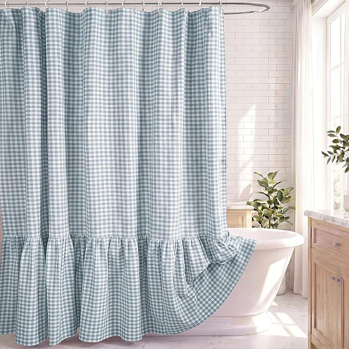 HunnmingRe Ruffle Hem Gingham Shower Curtain Dust Blue | 72'' x 72'' Vintage Farmhouse Curtain, Cotton Cottage Core Rural Checkered Plaid Decor, Fall Shower Curtain for Bathroom