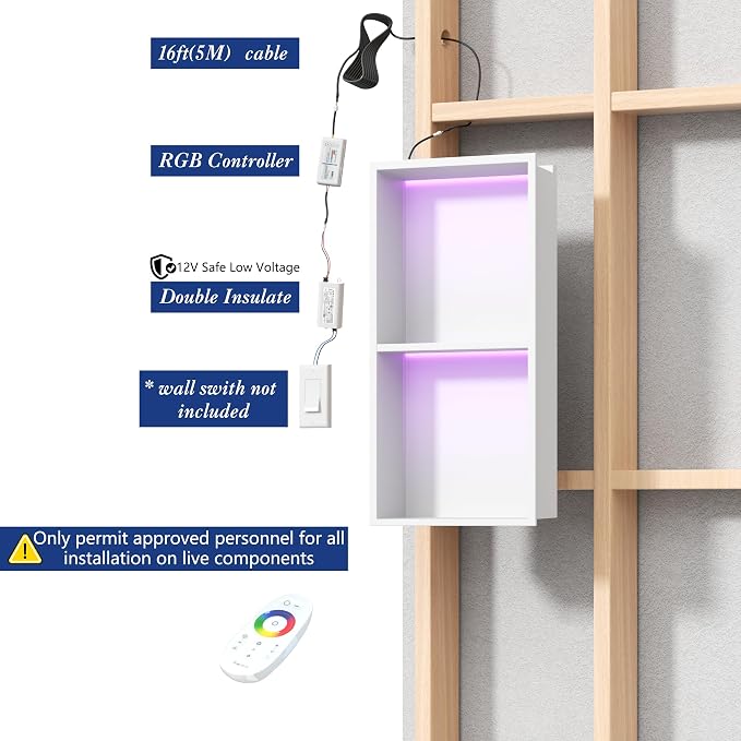 2-Tiers 12x24 Wall Niche with RGB LED Light Strips, White Shower Niche Cabinet, Stainless Steel Bathroom Shelf, NO Tile Needed Recessed Cubby Storage Organizer