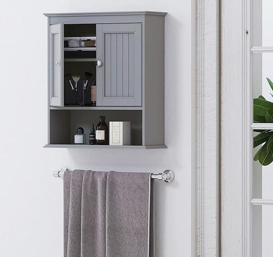 Spirich Bathroom Wall Cabinet, Wall Mounted Medicine Cabinet Organizer, Over The Toilet Storage Cabinet with Doors and Shelves, Gray